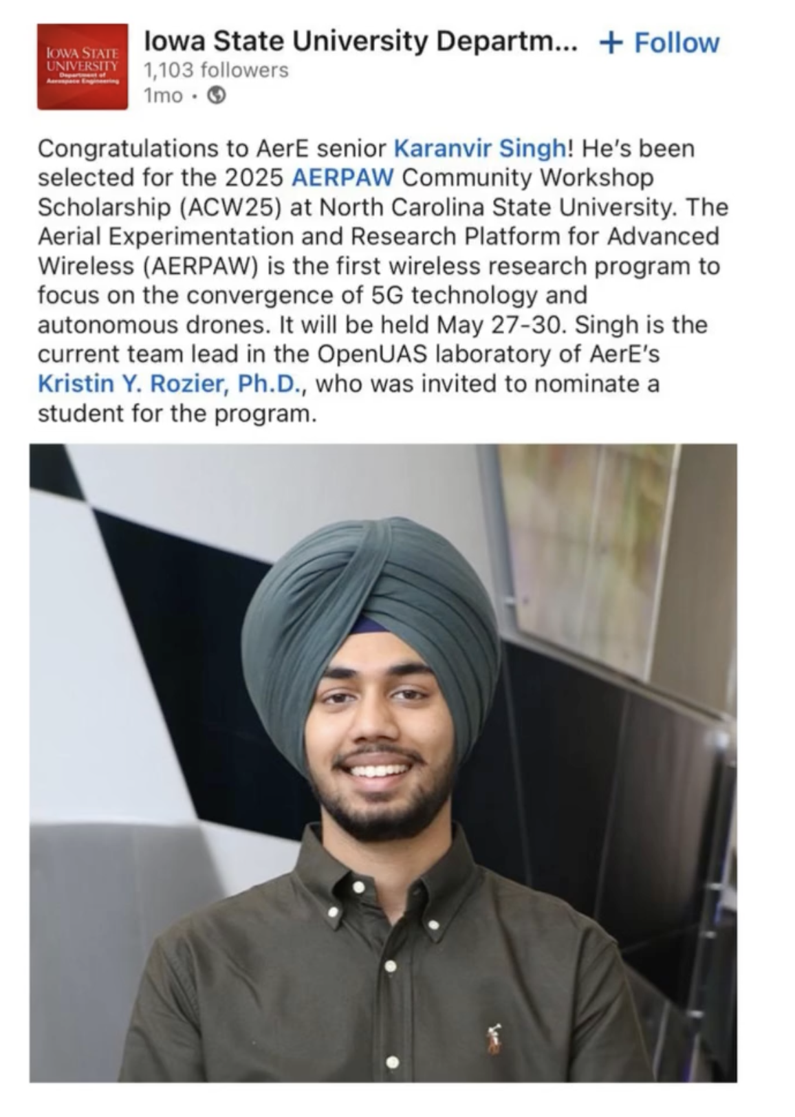 Alumni Spotlight: Karanvir Singh Receives the Prestigious 2025 AERPAW Community Workshop Scholarship
